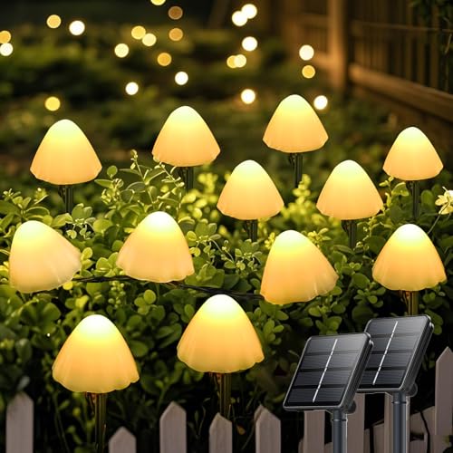 OZS 2PK 32LED 55FT Mushroom Solar Garden Lights Outdoor, Solar String Lights Waterproof with 8 Lighting Modes, Solar Garden Decor for Outside, Pathway Light for Yard Decoration (Warm White) - color: Mushroom-Warm White