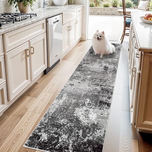 2x8 Washable Hallway Runner Rug – Non-Slip Modern Abstract Neutral Low-Pile Stain-Resistant Carpet Runner for Kitchen Entryway Bedroom Bathroom (Black Grey,2x8) - color: Black Grey, size: 2' x 8' (Rectangular)