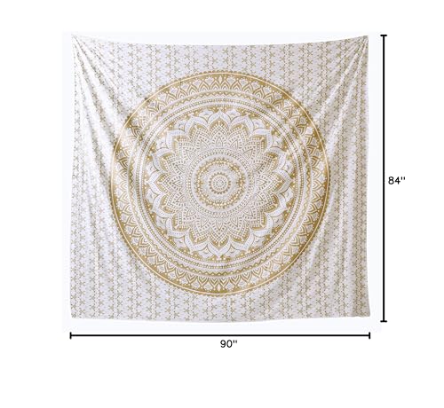 Tapestry Golden HIppie Mandala Ombre Wall Hanging - Indian Popular Mandela Bohemian Psychedelic Bedspread Dorm Room Decor with Metallic Shine Tapestry 84"x90" - color: Gold, size: 90"L x 84"W