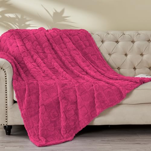 FY FIBER HOUSE Throw Blankets with Heart Checkered,Soft Warm Blankets for Lover Mom Father Gifts,Washable Lightweight Fuzzy Blanket for Couch Sofa Bed Office All Season(Hot Pink,90"x90") - color: Hot Pink, size: Queen(90"x90")