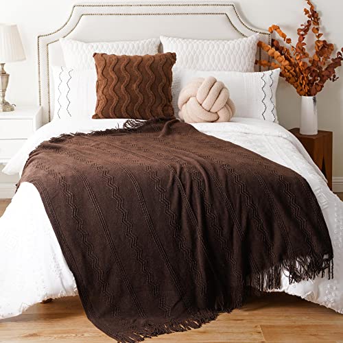 BATTILO HOME Brown Throw Blanket for Couch, Chocolate Knit Decorative Boho Throw for Home, Bed, 50"x60" - color: Brown Wavy, size: 50 x 60 in.