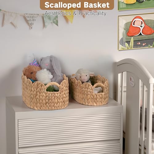 iEGrow Scalloped Wicker Basket, Set of 2 Hand-Woven Natural Rattan Baskets with Built-in Handles, Water Hyacinth Storage Oval Cute Baby Baskets for Nursery, Organizing, Decor and Shelves - size: Oval