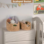 iEGrow Scalloped Wicker Basket, Set of 2 Hand-Woven Natural Rattan Baskets with Built-in Handles, Water Hyacinth Storage Oval Cute Baby Baskets for Nursery, Organizing, Decor and Shelves - size: Oval