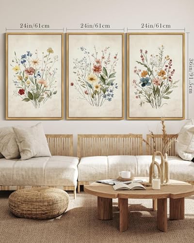 Drsoum Vintage Flower Bouquet Framed Retro Wildflower Botanical Pictures Prints Modern Colorful Floral Rustic Artwork Bedroom Living Room Ready to Hang 24x36in Natural Framed - color: Green Plants Prints, size: 36L" x 24W", Natural Framed