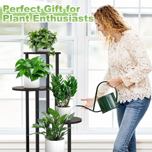 5 Tier Wood Tall Plant Stand Metal Rack Indoor, Multiple Flower Pot Holder Shelves Corner Rack, Round Planter Shelf Display Rack Storage Organizer for Patio Living Room Balcony(Black+Oak) - color: Black+Oak, size: 5 Tier