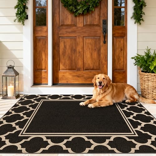 Washable Moroccan Easy Jute Rug, 3x5 Neutral Outdoor Indoor Patio Small Bordered Rug, Woven Thin Non Slip Carpet Door Mat for Entryway Front Door Porch Farmhouse Backyard Kid Nursery Play Room - color: Moroccan Black, size: 3' x 5'