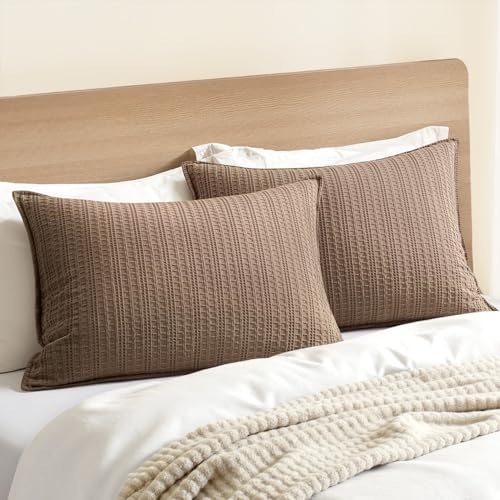 100% Cotton Waffle Pillow Shams Standard Size, 2 Pack 20x26 Decorative Pillow Covers for Bed Couch Sofa, Neutral Weave Cushion Cases Modern Farmhouse Home Decor, Brown - color: Brown, size: 26" x 20" (Pack of 2)