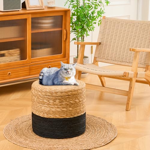 Wimarsbon 18'' Ottoman Pouf, Natural Braided Poof, Rustic Handweave Lounge Pouffe, Boho Footrest Stool for Bedroom, Accent Table for Living Room (Storage - 18inch Cattail+Black Corn Husk L) - color: Storage - 18inch Cattail+black Corn Husk L