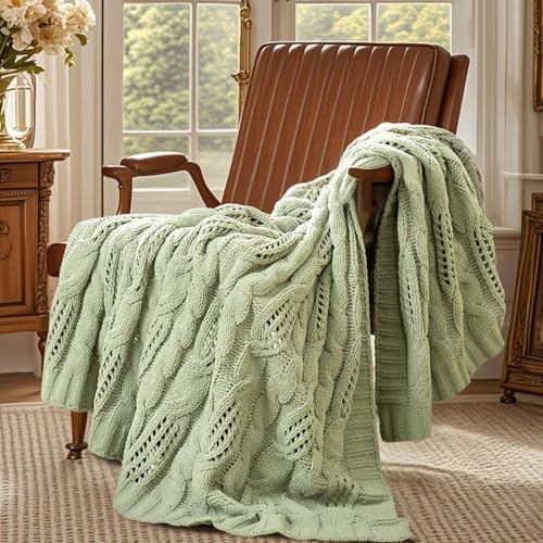Amélie Home Chunky Knit Chenille Throw Blanket, Dual-Sided Soft Chenille Breathable Cable Knitted Blanket for Couch, Farmhouse Decorative Throw for Sofa & Chair, 60"x80", Sage Green - color: Sage Green, size: Cable Knit 60"x80"