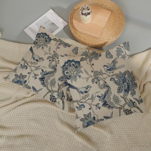 Chinoiserie Pillow Covers 16x16 Inch 2 Pcs Spring Navy Blue Floral Birds Decor Throw Pillows Vintage Flower Seasonal Outdoor Indoor Decoration Pillowcase Linen Cushion Cover for Couch Sofa Bed - color: Navy Blue Floral Birds, size: 16" x 16" (Pack of 2)