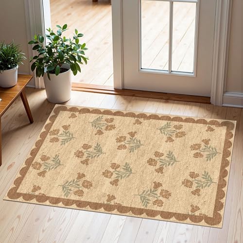Front Door Mat Outside Entrance - 2x3 Floral Non-Slip Washable Doormat Indoor Outdoor Mat Jute-Look Farmhouse Tan Scalloped Entry Rug Small Throw Rugs for Entryway Kitchen Front Porch Decor - color: Flower - Wheat/Tan/Sage, size: 2' x 3' (Rectangular)