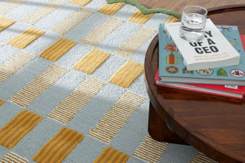 Checkered Hand-Tufted 100% Wool Runner Rug - 2.5x12 Ft, Rectangular Light Blue Base with Mustard & Beige Blocks, Olive Green Scalloped Edge, Cotton Backing Plush Carpet for Bedroom & Nursery - color: Light Blue, Beige, Green, size: 2.5x12 Ft (Runner)