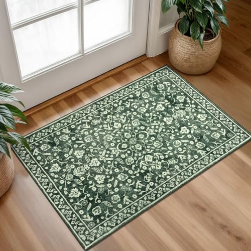 Vintage Entryway Rug Indoor, Forest Green Washable Rug 2x3, Small Area Rug with Non-Slip Backing, Floral Print Thin Faux Wool Super Soft Door Mat for Kitchen, Entrance, Bedroom, Office - color: Forest Green, size: 2' x 3' (Rectangular)