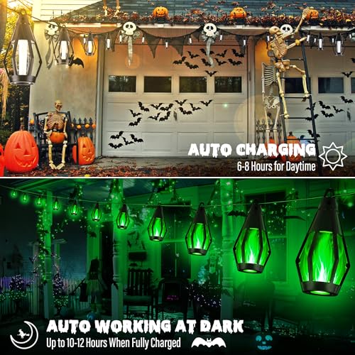 iBaycon Solar Halloween Lights, 42Ft 15 LED Bulbs Flickering Flame String Light, Outdoor Waterproof Solar Flame Lights for Garden Yard Patio Halloween Decorations (Green) - color: Green, size: 42FT