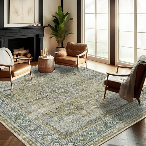 CHAMPLANT Washable Area Rug 8'x10' Boho Design Non-Shedding Non-Slip Easy Care Ideal for High Traffic Areas in Living Room Bedroom Office Coffee Table Kitchen Large Carpet - color: Aged Floral Green, size: 8' x 10' (Rectangular)