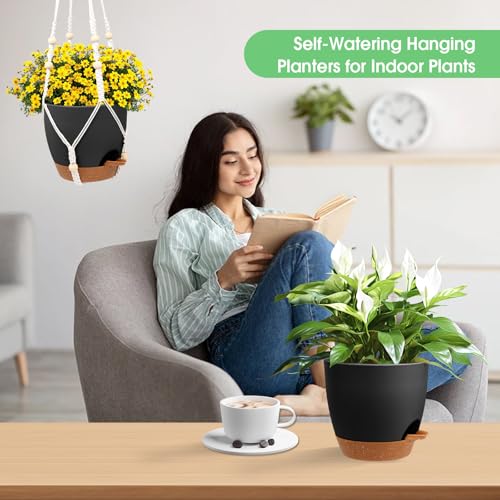 Hanging Planters for Indoor Outdoor Plants, 2 Pack Self Watering Hanging Pot with Drainage Holes, Removable Tray & 2 Kinds of Plant Hangers, 8'' Hanging Flower Pots for Home Garden Decor, Black - color: Ivory+black+black, size: 8''