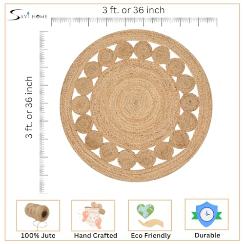 Savi Home Hand Woven Jute Braided Dot Rug, 3' Round - Natural, Reversible Area Rugs for Living Room, Farmhouse, Kitchen, Handcrafted 3 Feet Round Area Rugs - Natural - color: Natural, size: 3" (Round)