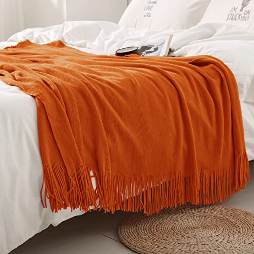 Homiest Decorative Knitted Throw Blanket with Fringe, Lightweight & Soft Acrylic Knit Blanket Tassel for Couch, Sofa, Bed (Dark Orange, 50 x 60 Inch) - color: Dark Orange, size: 50" x 60"
