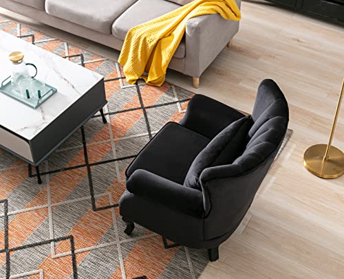 Kmax Black Accent Chair Velvet Wingback Chair with Pillow Nail-Head Channel Tufted Oversized Club Chair for Living Room Bedroom Guest Room - color: Black