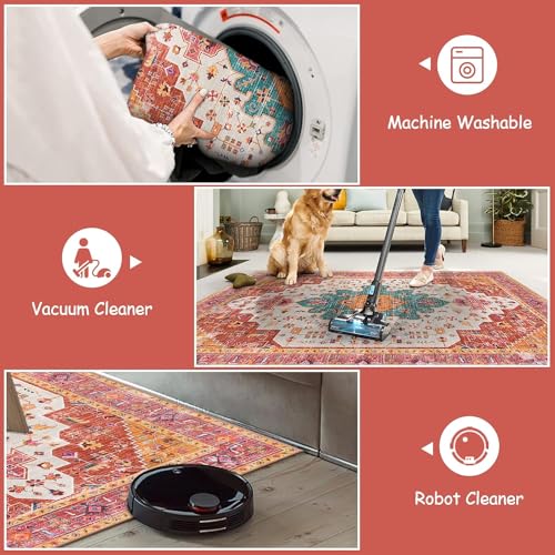 Moynesa Ultra-Thin Washable Runner Rug - Pink 2x4 Bedroom Bathroom Rug Runner Non-Slip Kitchen Rugs, Vintage Stain Resistance Low Pile Entryway Carpet Runner for Hallway Laundry Room - color: Pink/Multi, size: 2' x 4'