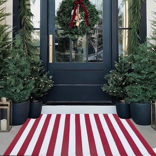 CAINANEL Christmas Outdoor mat 27.5"x43" Red and White Striped Outdoor Rug Front Porch Rug,Christmas Home Decor, Layerd Welcome Doormat for Front Porch Decor, Front Door, Farmhouse Decor - color: Red and White, size: 2'4" x 3'7" (Rectangular)