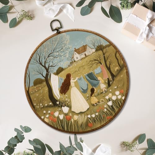 JUIOEIU Vintage Rustic Farmhouse Round Wall Decor, Cottagecore Laundry Day Framed Canvas Prints, Country Landscape Wall Art Hanging Decorations for Bathroom Washroom Laundry Room Decor, 10x10in - color: Laundry room05