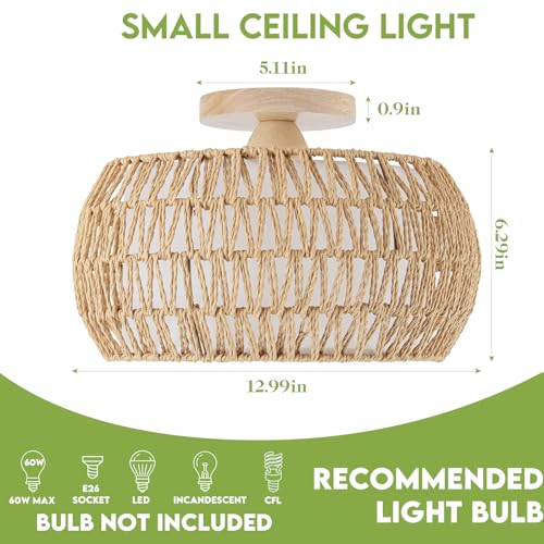 Rattan Light Chandeliers Boho Ceiling Light Fixtures Drum Flush Mount Ceiling Light Small Woven Chandelier for Kitchen Bedroom Hallway Nursery Light Fixture - color: Rattan Drum