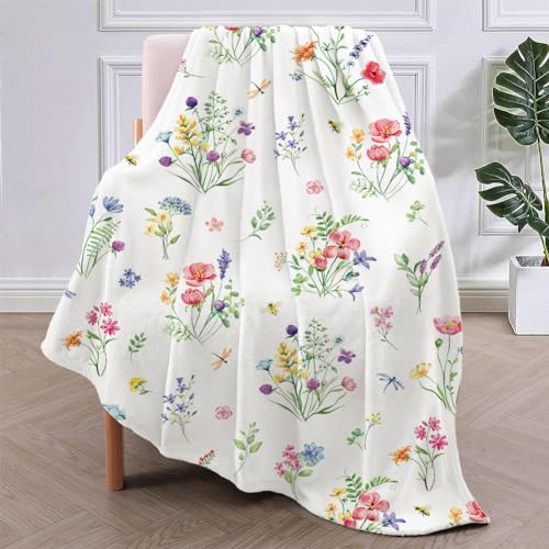 Colorful Wildflowers Throw Blanket Botanical Plant Bed Blanket Watercolor Floral Flower Blankets Soft Flannel Fleece Throw Blanket Boho Cozy Fluffy Plush Blankets 50" X 60" - color: Wildflowers, size: 50" X 60"