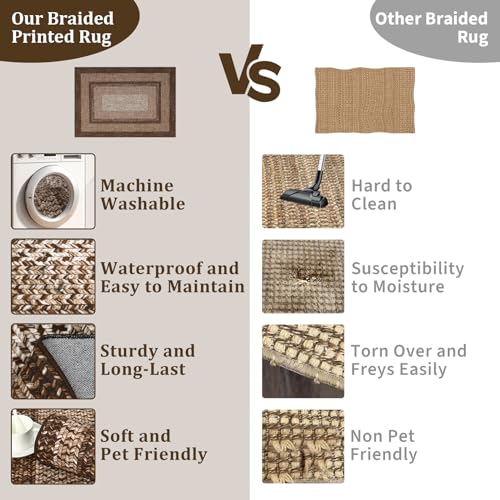 RUGSREAL Runner Rug 2x8 Machine Washable Hallway Runner Rug Entryway Long Runner Carpet Braided Printed Throw Mat Non Slip Kitchen Mat Living Room Rustic Carpet for Bedroom Dining Room, Brown - color: Brown, size: 2' x 8' (Runner)