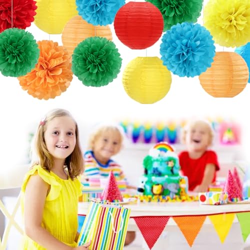 Rainbow Colorful Party-Decorations Paper-Flowers - 15pcs Welcome Back to School Tissue Pom Poms Lanterns Streamers,Carnival Video Game Kids Birthday Graduation Baby Shower Hanging Supplies Hugfond - color: Red Green Orange Blue