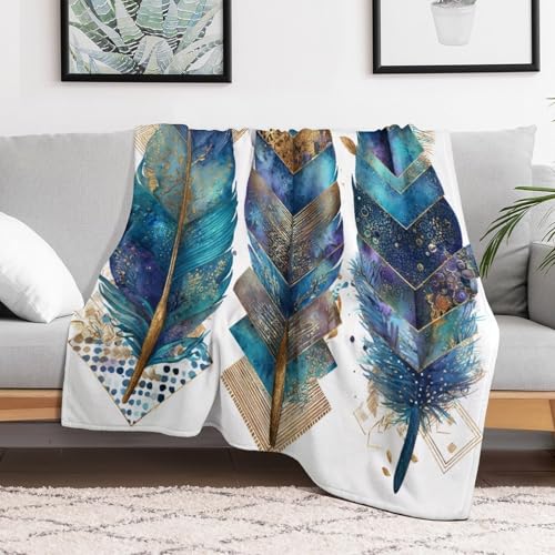 Blanket Bohemian Feather Leaf Throw Blanket for Women Men, 40"x50" Vintage Gold Geometry Plush Flannel Throws, Decor for Bed Couch Bedroom - color: Bohemian Feather Leaf, size: 40"x50"