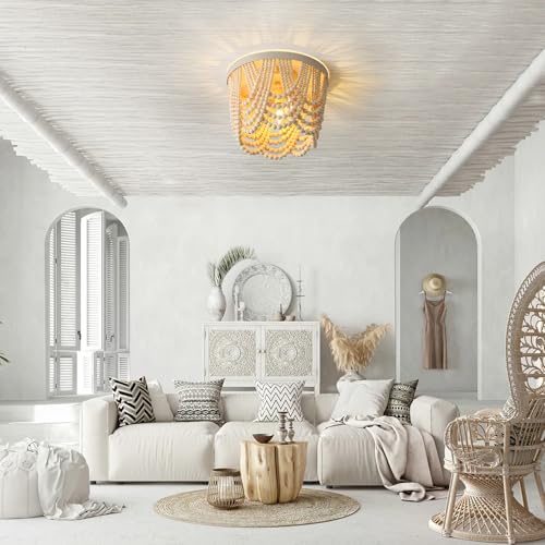 Bohemian Wood Beaded lamp 3-Light recessed Mounted Ceiling lamp Primary Color Antique Rustic mini Chandelier for Dining Room, Bedroom, Girl Room，Nursery, Hallway, Entrance, Passageway - color: Natural