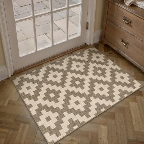 PureCozy Brown 2x3 Rug for Entryway Washable Small Area Rug Non-Slip Stain Resistant Door Mat Low Pile Retro Accent Indoor Throw Carpet for Entrance Kitchen Bedroom Laundry - color: Brown&beige, size: 2' x 3' (Rectangular)