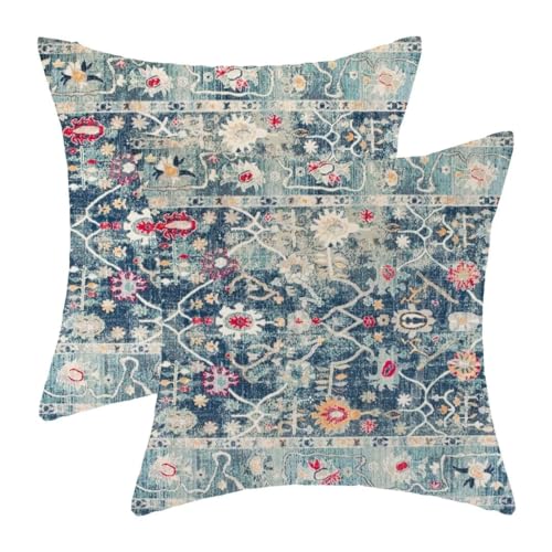 AEIOAE Boho Pillow Covers 18x18 Set of 2 Blue Vintage Retro Decorative Throw Pillow Outdoor Linen Square Farmhouse Decor Cushion Cover for Home Couch Sofa - color: Blue Boho, size: 18" x 18" (Pack of 1)