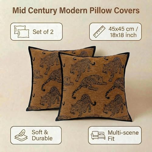 Mantle & Mason Leopard Throw Pillow Covers 18x18 Set of 2 Cheetah Decorative Pillow Covers for Couch Bed Living Room Mid Century Modern Soft Cushion Covers Brown - color: Leopard Camel, size: 18" x 18" (Pack of 2)