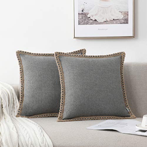 Set of 2 Farmhouse Throw Pillow Covers - Burlap Linen Trimmed Tailored Edges Decorative Cushion Covers for Bed Home Outdoor Decoration (2 Pieces, 22" x22", Grey 3/ Linen Band) - color: Grey, size: 22" x 22" (Pack of 2)