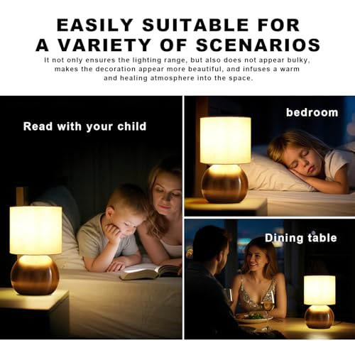 Modern Golden Small Table Lamp with Cotton Linen Shade, 6.2×6.2×10.4 inch LED Desk Light, One-Button Switch for Bedroom, Living Room, Nightstand, Includes Warm Light Bulb - color: Golden, size: Pack of 1