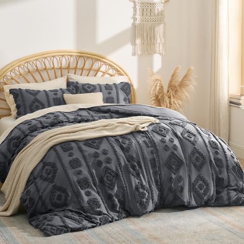 Bedsure Boho Duvet Cover King - Tufted Boho Bedding, Farmhouse-Style Distressed Vintage Embroidery Bedding for All Seasons, 3 Pieces, 1 Soft Jacquard King Comforter Cover and 2 Pillow Shams - color: 04 - Gray Tufted (No Comforter), size: King (104" X 90")