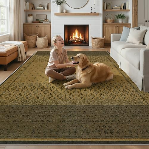 Joydeco Vintage Washable 6x9 Area Rugs for Bedroom, Brown Dining Room Rugs for Under Table Non Slip, Boho Geometric Ultra-Thin Soft Indoor Floor Throw Carpet for Living Dorm Farmhouse - color: Brown, size: 6' x 8'11" (Rectangular)