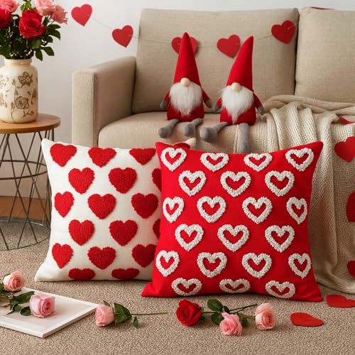 Fourluoo 4 Pcs Valentine's Day Throw Pillow Covers 18x18 Inch Soft Heart Decorative Pillowcase Plush White Red Soft Plush Pillow Covers Cushion Case Decorations for Sofa Living Room Valentine Gift - style: Heart