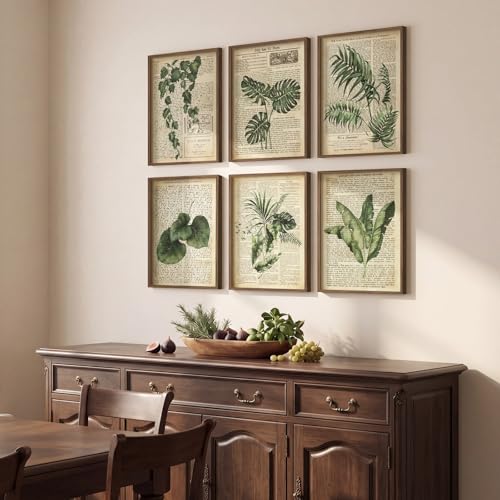 Framed Vintage Botanical Wall Art, Set of 6 Green Leaf and Fern Canvas Painting Prints, Rustic Farmhouse Plant Artwork for Living Room Bedroom Kitchen Dining Room Office Apartment Decor, 11x14 Inch - color: Retro Ferns - Walnut Framed, size: 11" W x 14" H