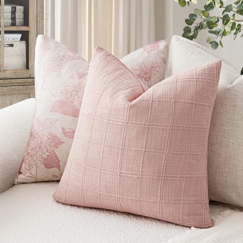Foindtower Set of 1 Decorative Linen Check Throw Pillow Cover Neutral Farmhouse Vintage Cushion Cover Modern Coastal Boho Accent Home Decor for Sofa Chair Couch Bed Living Room,16×16 Inch,Light Pink - color: Light Pink, size: 16" x 16" (Pack of 1)