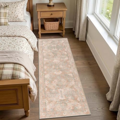 SIRIS 2x6 Washable Runner Rug, Symmetrical Botanical Floral Rug, Vintage Soft Low-Pile Non-Slip Floor Mat, High-Traffic Aisle Kitchen Runner for Entryway Laundry Room Bathroom, Muted Rose - color: Siris Muted Rose, size: 2' x 6' (Runner)