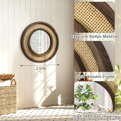 JJUUYOU Round Mirror with Wood Frame Circle Mirrors for Wall 20 Inch Circular Hanging Mirrors for Living Room Bathroom Vanity Entryway Hallway Dark Brown - color: Round Mirror-dark Brown, size: 20"L x 20"W