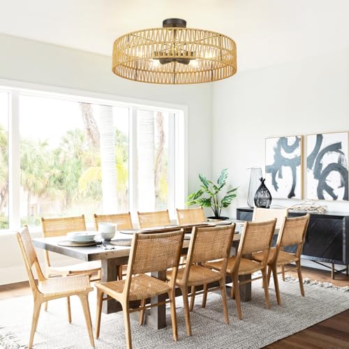 Hamilyeah 24 inch Rattan Boho Flush Mount Ceiling Light Fixture with 5 Light,Woven Light Fixtures Ceiling Mount for Living Room, Bedroom, Kitchen - color: 24INCH Black Semi Ceiling Light