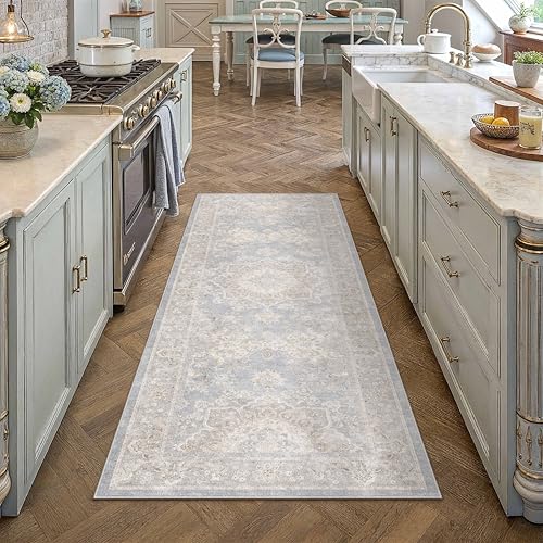 PureCozy Blue Runner Rug 2x6 Hallway Washable Vintage Carpet for Kitchen Non Slip Soft Low Pile Indoor Retro Oriental Medallion Accent Throw Long Rug Rug for Bathroom Laundry Dining Room - color: Blue, size: 2' x 6' (Runner)
