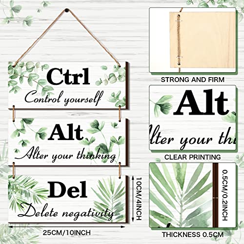 Qunclay 3 Pcs Office Wall Decor Green Leaves Wood Rustic Hanging Cubicle Decor Summer Inspirational Ctrl Alt Del Sign Decoration for Bathroom Indoor Home Living Room - color: Green, style: Leaves