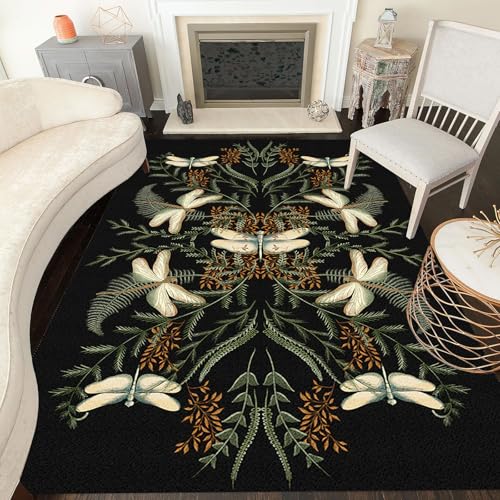 Vintage Aesthetic Fun Rug Black Green Ferns and Dragonflies Art Deco Area Rugs for Living Room Bedroom Farmhouse Anti Slip Non Shedding Thick Carpet 2x3 Retro Boho Playroom Home Office Entryway Rug - color: H, size: 2x3