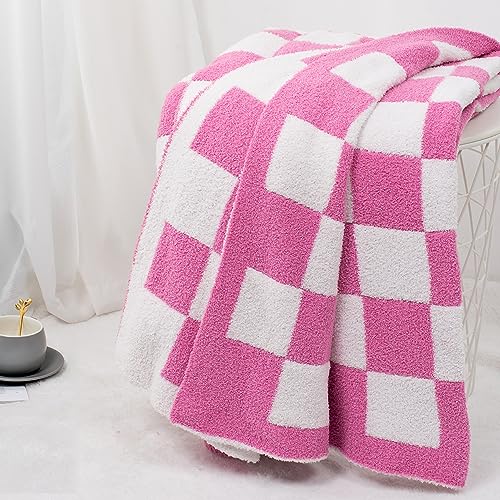 Carriediosa Checkered Throw Blanket 50" X 60", 400GSM Ultra Soft Microfiber Fuzzy Fluffy Reversible Cute Preppy Knitted Blankets Cozy Plush Fall Throws for Couch, Bed, Sofa, Hot Pink - color: Check - Hot Pink, size: 50" X 60"