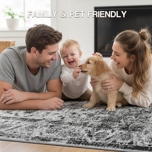 YOH Boho Washable Rug 4x6, Black Vintage Non Slip Area Rug, Distressed Indoor Carpet for Living Room Bedroom Kitchen Office - color: B-black, size: 4' x 6' (Rectangular)